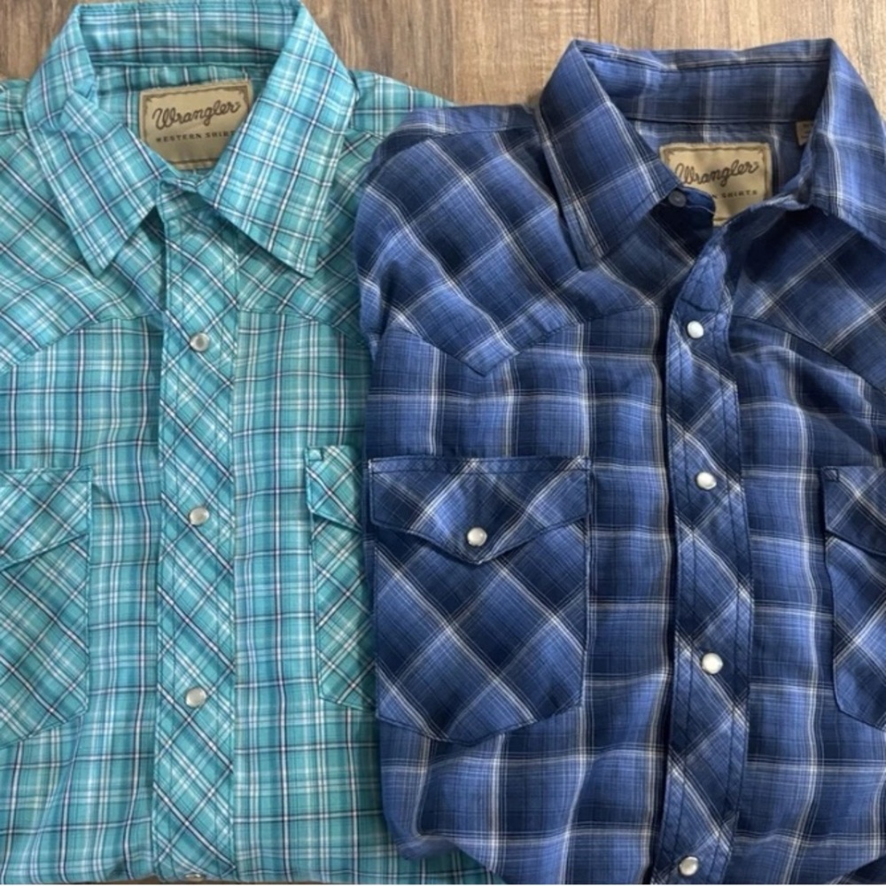 Lot 2 Wrangler Shirt Mens M Pearl Snap Western Blue Turquoise Plaid Long Sleeve